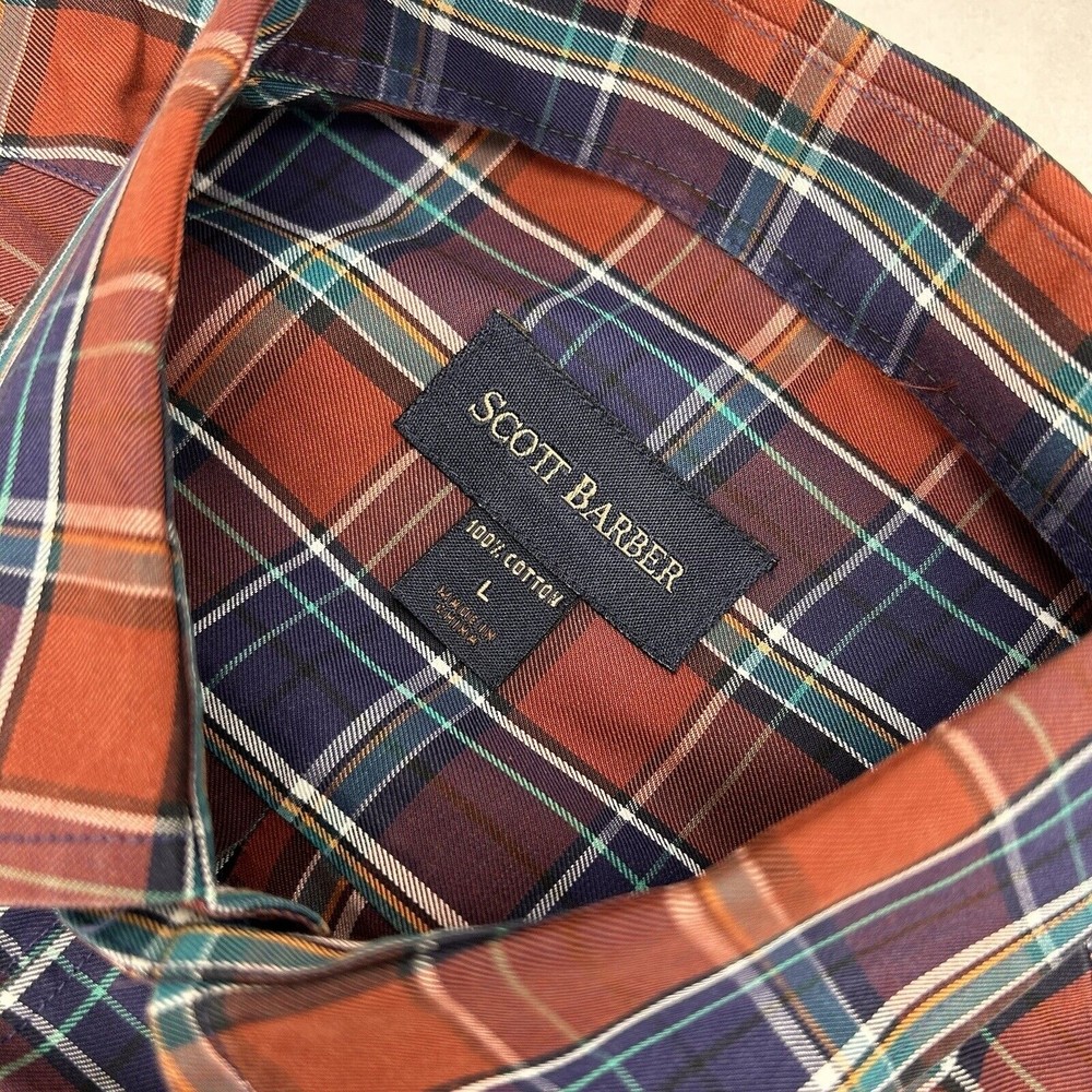 Scott Barber Men's Burgundy Navy Plaid Cotton Long Sleeve Button Down Shirt L - Picture 2 of 4